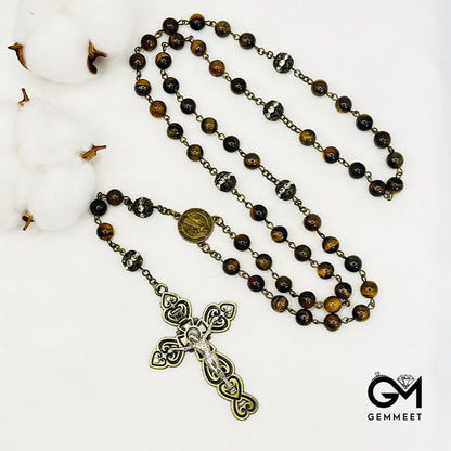 Tiger Eye Cross Pendant Rosary Necklace