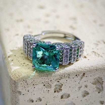 Imitation Paraiba Iron Tower Ring Lake Green High Carbon Diamond Green Zircon Color Treasure Open Ring