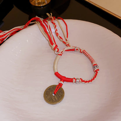 Braided Rope Fringe Bracelet with Copper Coins