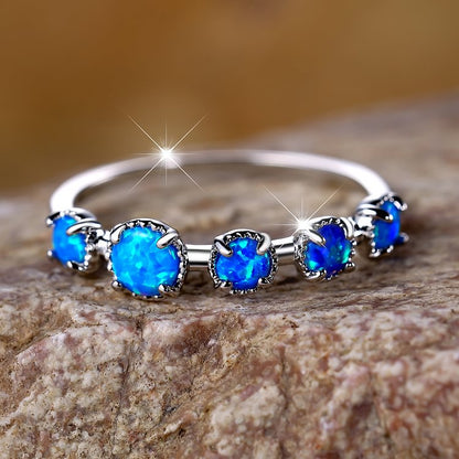 Five Blue White Opal Simple Designs Ring