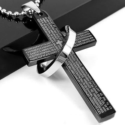 Men's Lord's Prayer Hanging Ring Cross Necklace