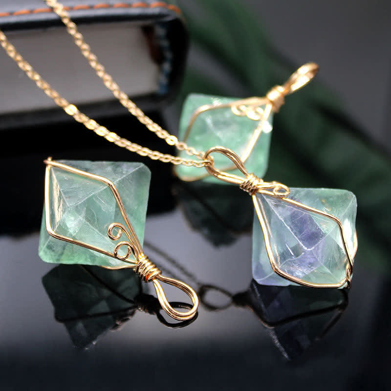 Natural Fluorite Octahedron Gemstone Necklace