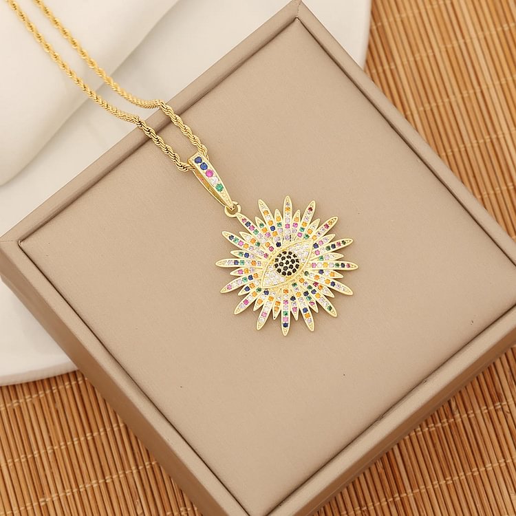 Natural Stone Sunflower Evil Eye Pendant Necklace