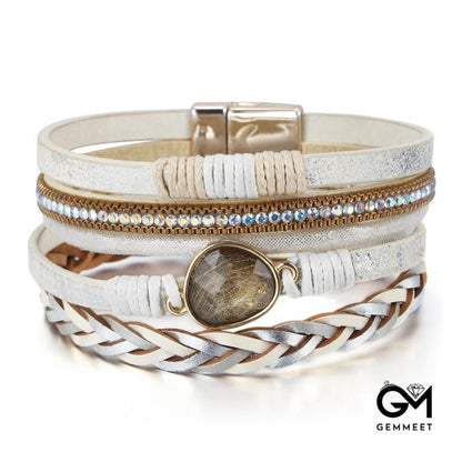 Golden Rutilated Quartz Woven Multi-layered Leather Bracelet