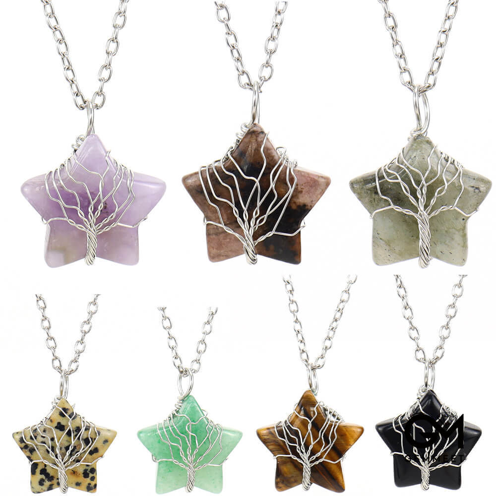 Crystal Star Wound Tree of Life Necklace