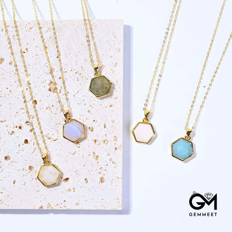 Gold Wire Natural Hexagon Gemstone Necklace