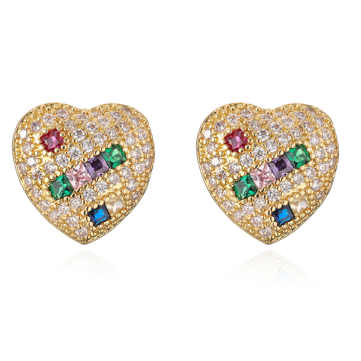 Color Stones Heart & J Shape Stud Earrings