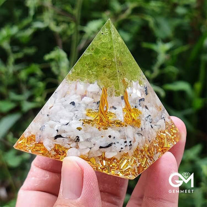 Moonstone with Peridot Tree Of Life Orgone Pyramid