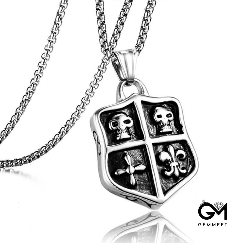 Stainless Steel Punk Skull Shield Pendant Necklace