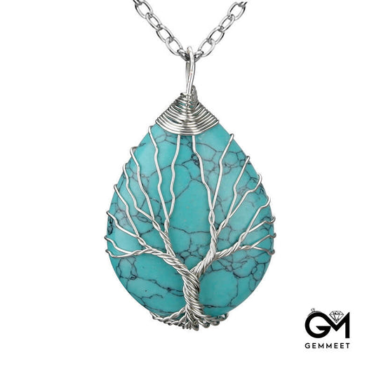 Wrapped Silk Tree of Life Turquoise Water Drop Necklace