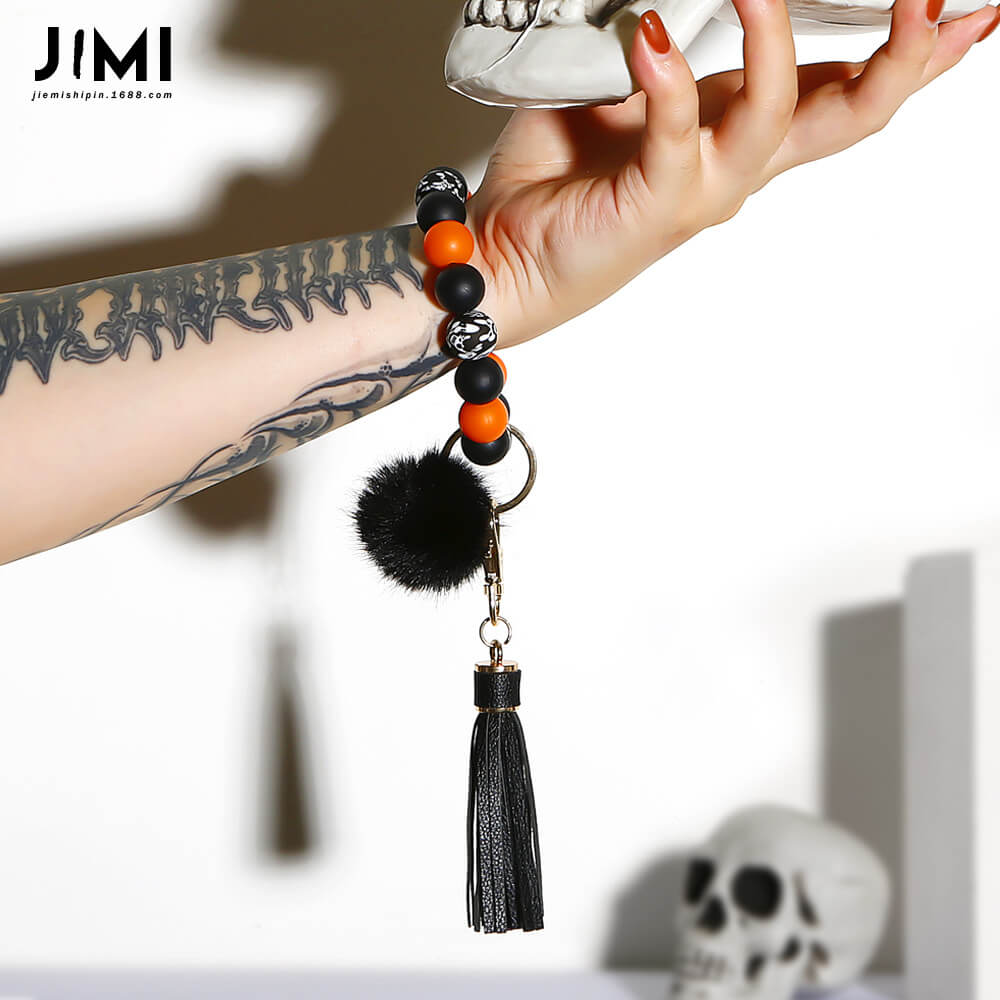 Halloween Ethnic Bracelet Key Ring Decompression Silicone Bead Ball Tassel Ghost Head Skull Bracelet Keychain