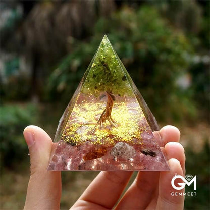 Tree of Life Peridot and Strawberry Quartz Orgone Pyramid