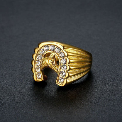 HIPHOP Jewelry Titanium Steel Gold Plated Inlaid Zircon Horse Head Men's Ring