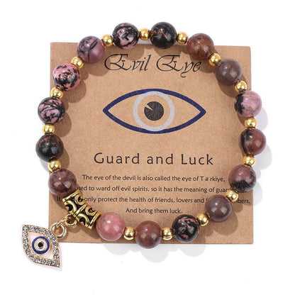 Blue Cat's Eye & Color Stone Bead Evil Eye Pendant Bracelet