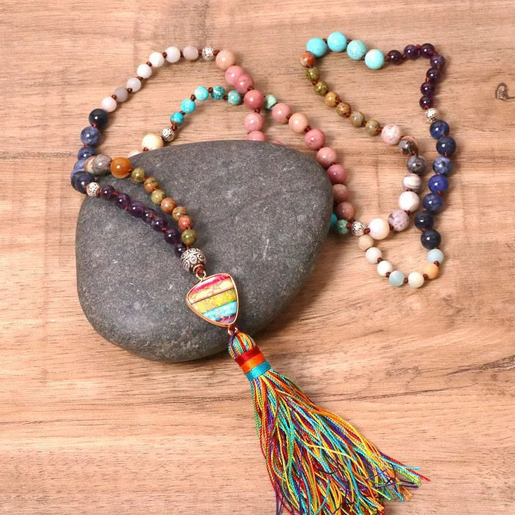 Gorgeous Natural Stones Chakra Triangle Pendant Mala Necklace