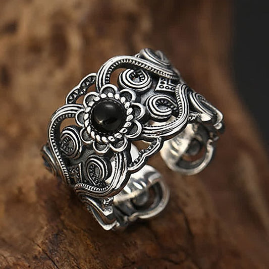 Ethnic Black Onyx Pattern Adjustable Ring