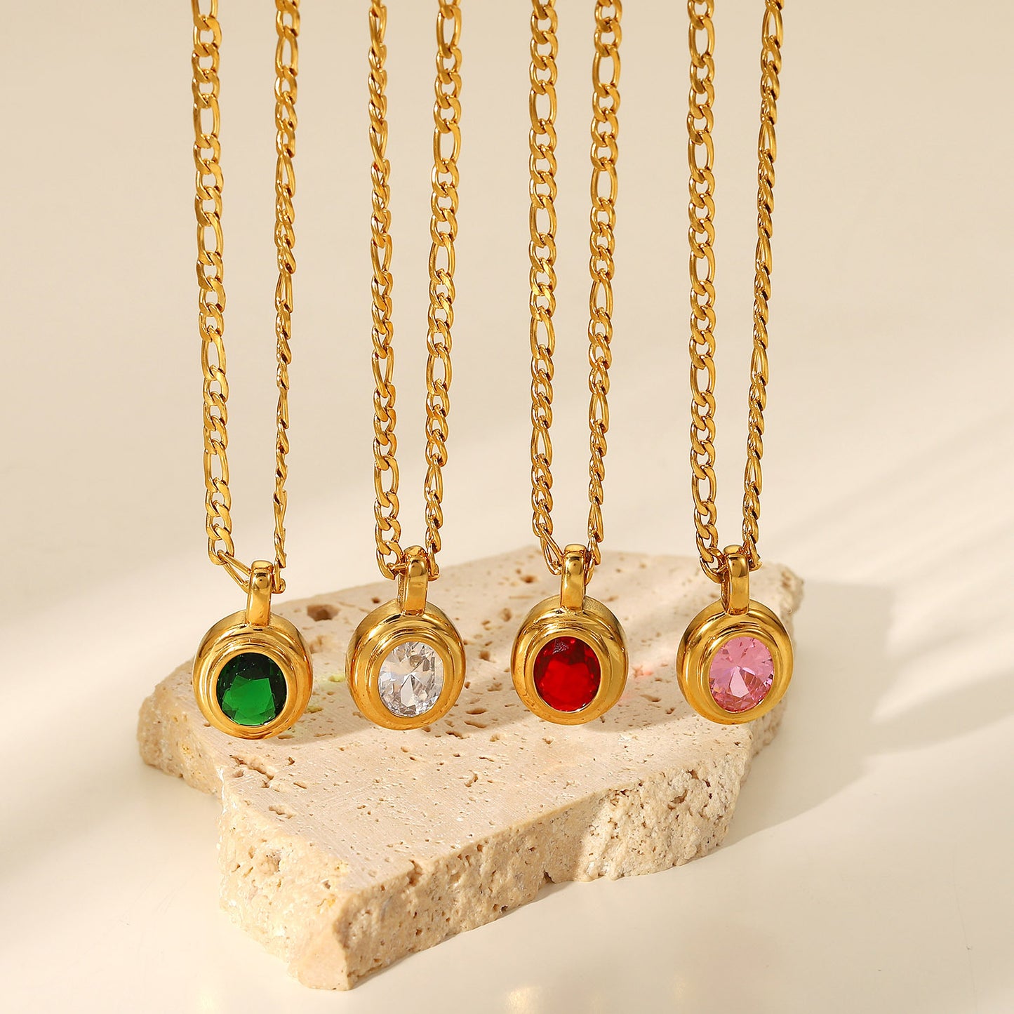 Color Oval Stone Halo Pendant Chain Necklace