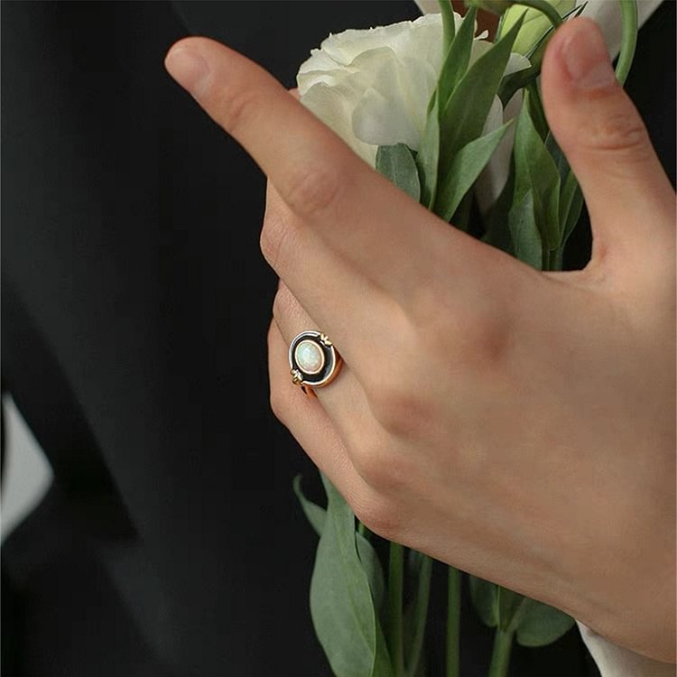 Dainty Opal Black Epoxy Vintage Ring