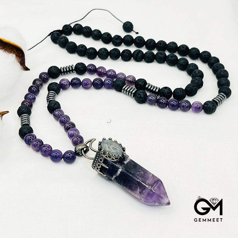 Amethyst Hexagon Prism Pendant Mala Necklace