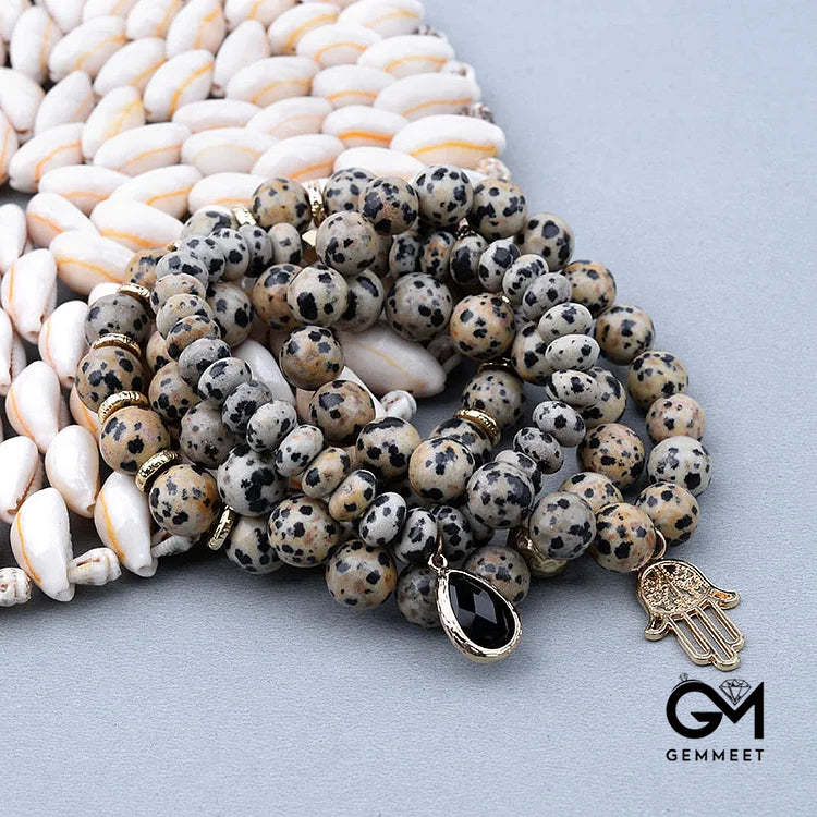 Natural Dalmatian Jasper Obsidian Hamsa Pendant Bracelet