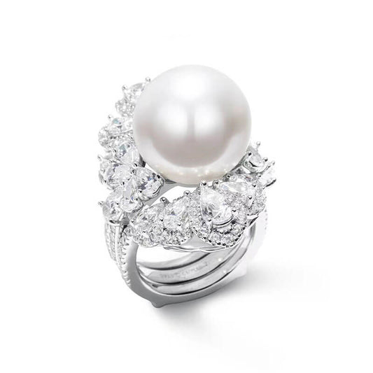 A Two-wear Artificial Mother-of-pearl Pearl Ring Heavy Industry Luxury Exaggerated All-match High Carbon Diamond Female Ring