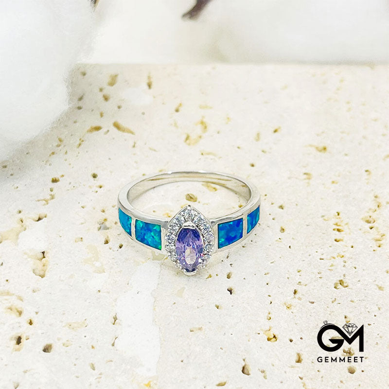 Vintage Blue Opal With Oval Amethyst Ring