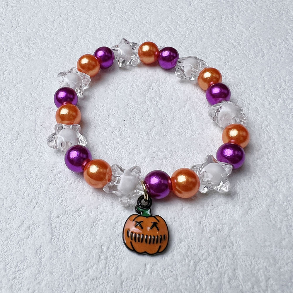 Halloween Pumpkin Bat Bracelet Acrylic Faux Pearl Orange Line Bracelet