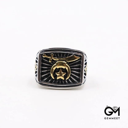 Stainless Steel Masonic Scythe Moon Star Ring