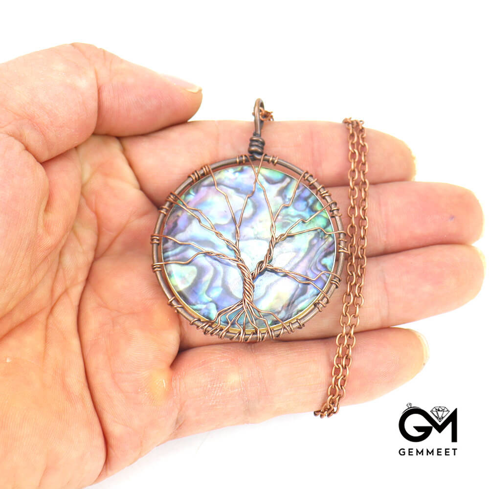 Synthetic Abalone Shell Tree of Life Disc Pendant Necklace