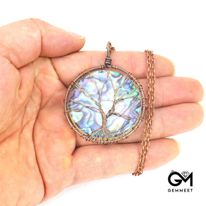 Synthetic Abalone Shell Tree of Life Disc Pendant Necklace