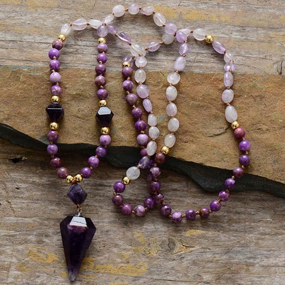 Natural Amethyst Purple Jade Beaded Mala Necklace