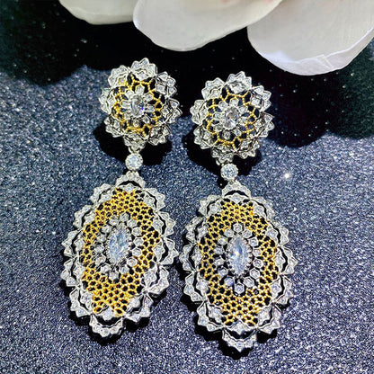 New Brushed Craft Palace Style Earrings Heavy Industry Lace Through Flower Two-color Earrings