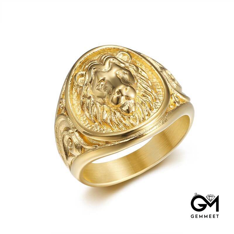 Vintage Punk Animal Lion Head Grass Pattern Men's Ring