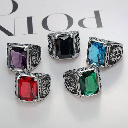 Punk Vintage Ring Inlay Multicolor Cubic Zirconia Tulip Motif Mens Ring