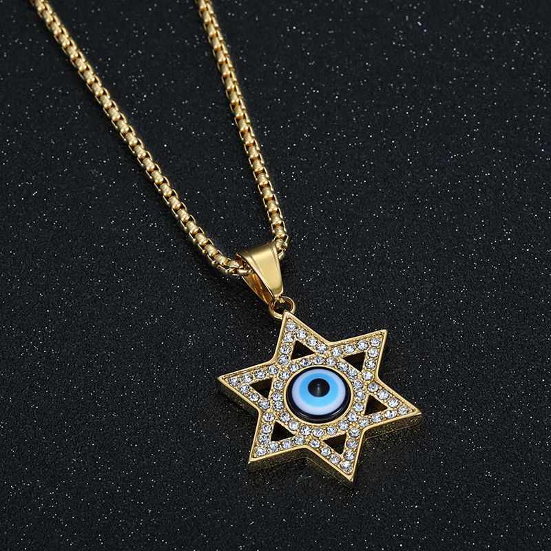 Hip Hop Gold Plated Zirconia Blue Eye Hexagram Pendant