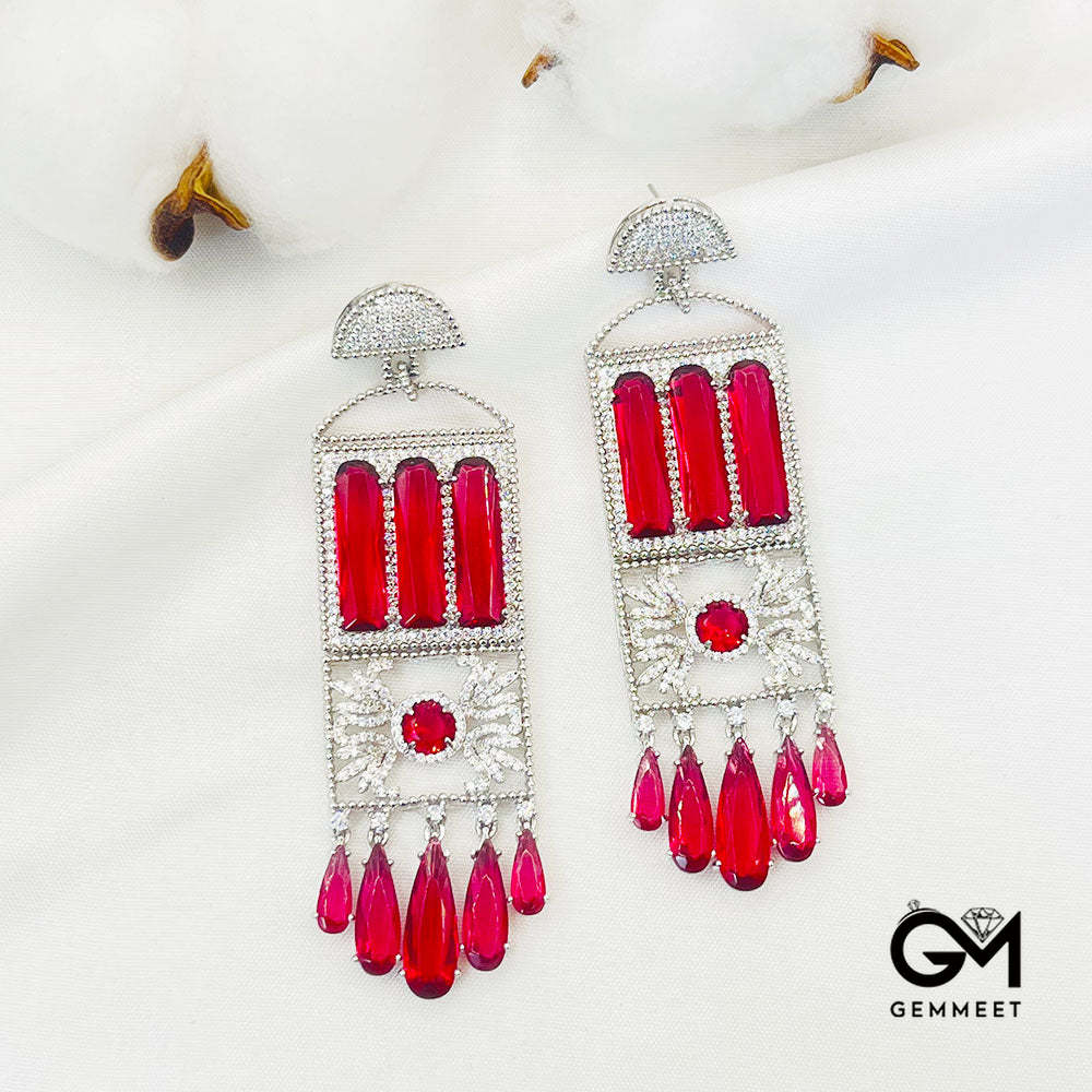 Hollow Rectangular Red Stone Tassel Drop Earrings