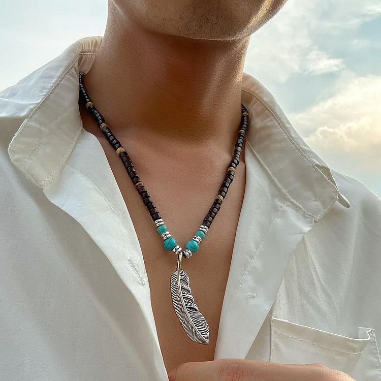 Turquoise Wooden Bead Feather Pendant Bohemian Necklace