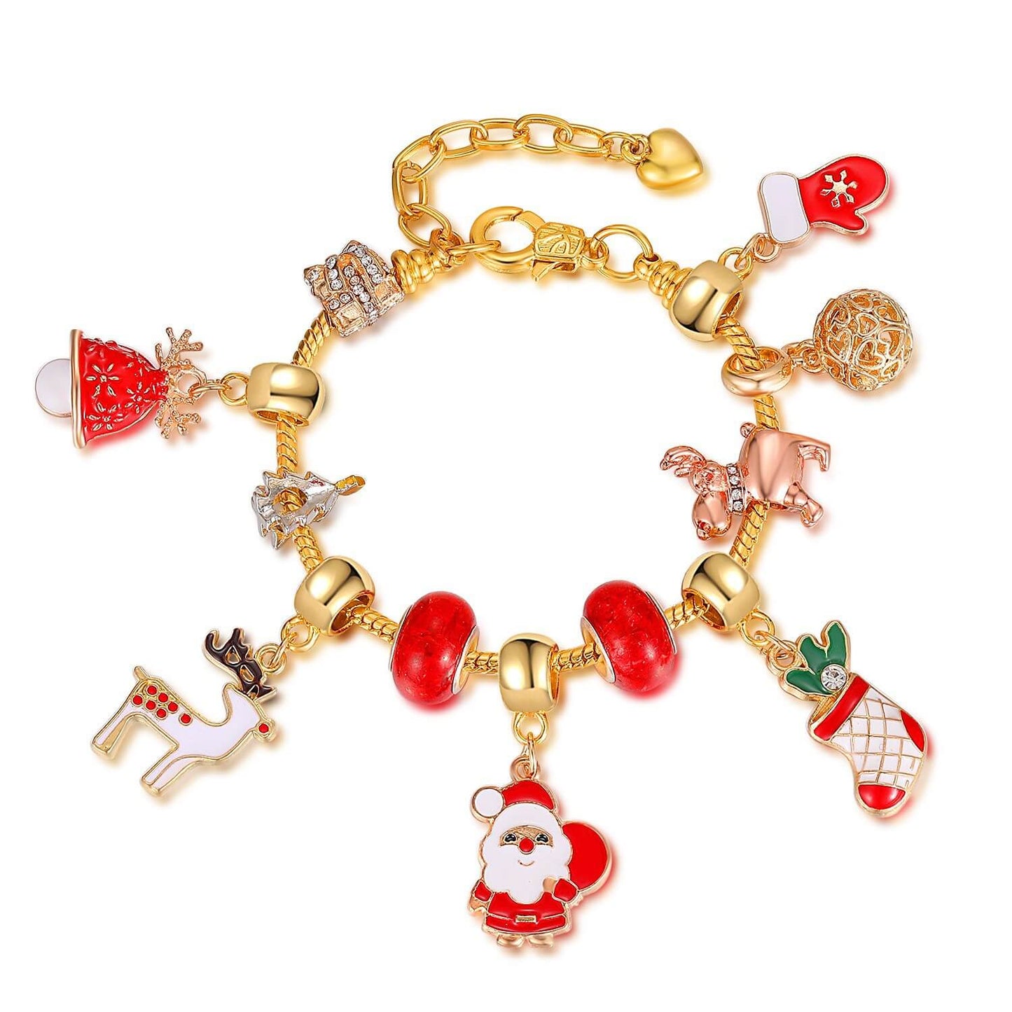 Christmas Trend Gold Beaded Snowflake Fawn Charm Bracelet