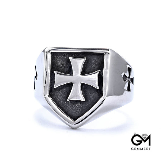 Titanium Steel Cross Shield Retro Silver Ring