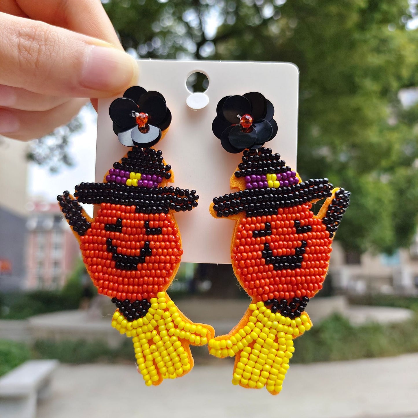 Halloween Funny Pumpkin Witch Earrings Riding A Broom