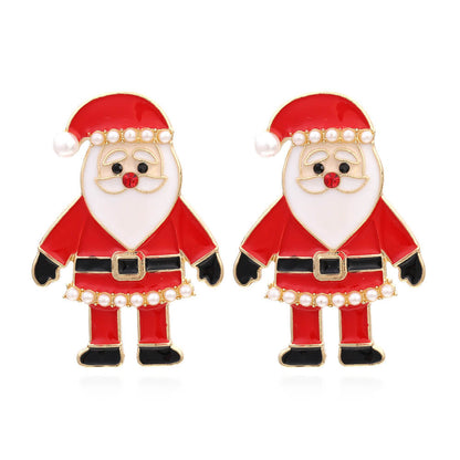 Christmas Cartoon Character Imitation Pearl Earrings New Drop Oil Inlaid Zircon Santa Claus Earrings