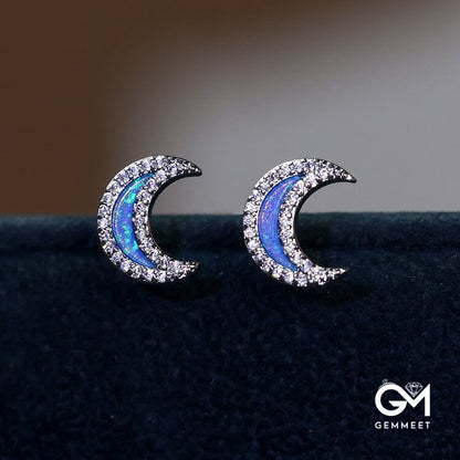 Blue Opal Zircon Moon Shape Earrings