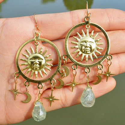 Natural Raindrop Crystal Gold Sun Moon Star Earrings