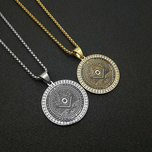 Titanium Steel Gold Plated Micropaved Zirconia Masonic Illuminati Pendant