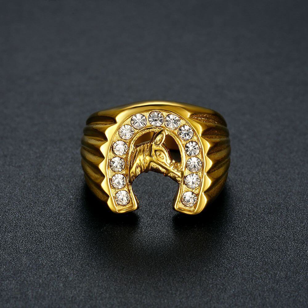 HIPHOP Jewelry Titanium Steel Gold Plated Inlaid Zircon Horse Head Men's Ring