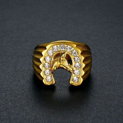 HIPHOP Jewelry Titanium Steel Gold Plated Inlaid Zircon Horse Head Men's Ring