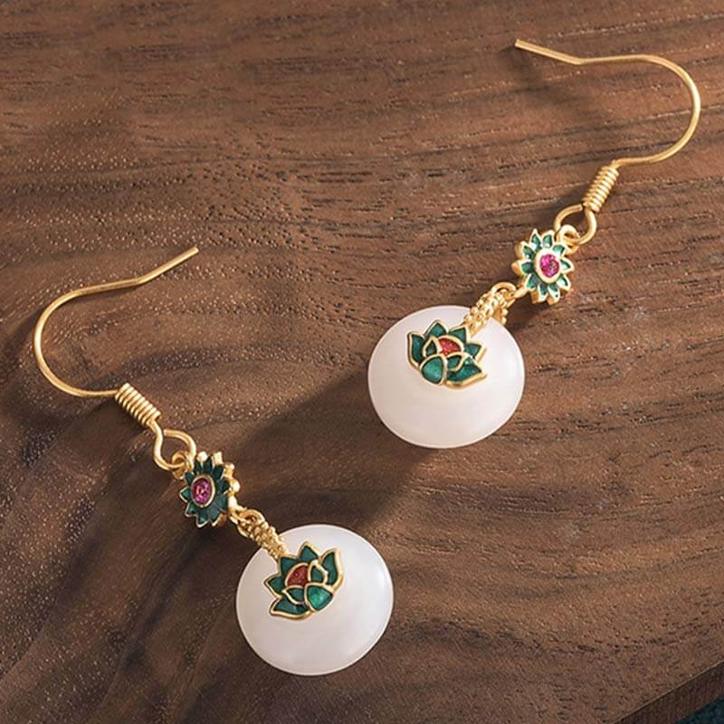 White Jade Cold Enamel Lotus Earrings