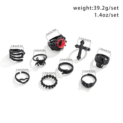 9 Pcs Black Cross & Halloween Symbol Ring Set