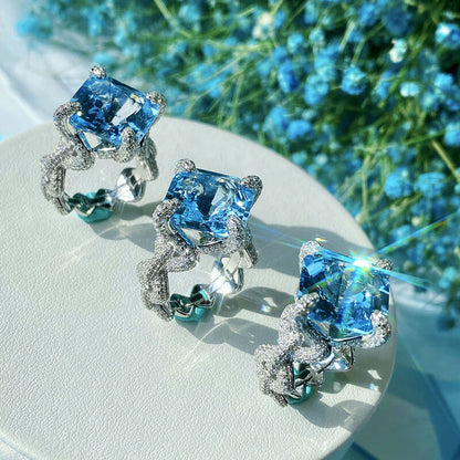 High-end Jewelry Heavy Industry Inlaid Asscher Craft Imitation Natural Aquamarine Topaz Ring