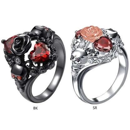 Retro Skull Love Heart Ruby Ring